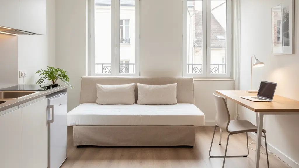 Intérieur d'un studio meublé LMNP à Toulouse avec cuisine équipée