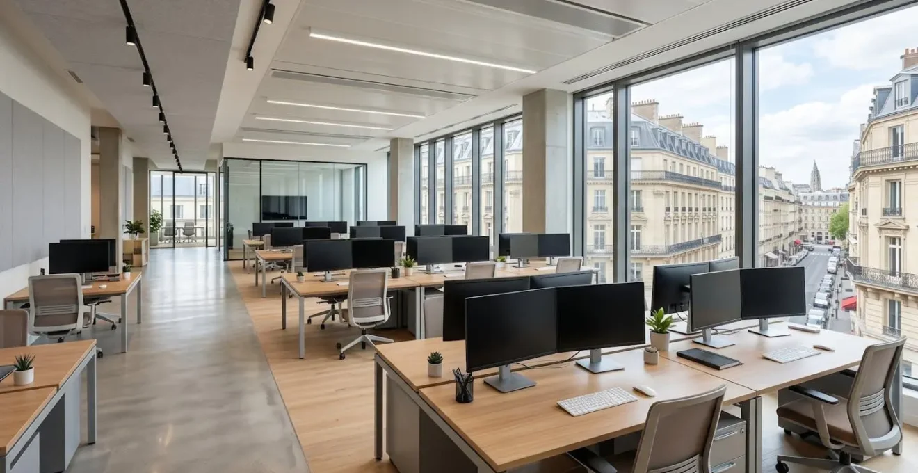 Un espace de travail comptable contemporain et lumineux avec des bureaux épurés, des écrans d'ordinateur éteints et de larges baies vitrées laissant entrer la lumière naturelle
