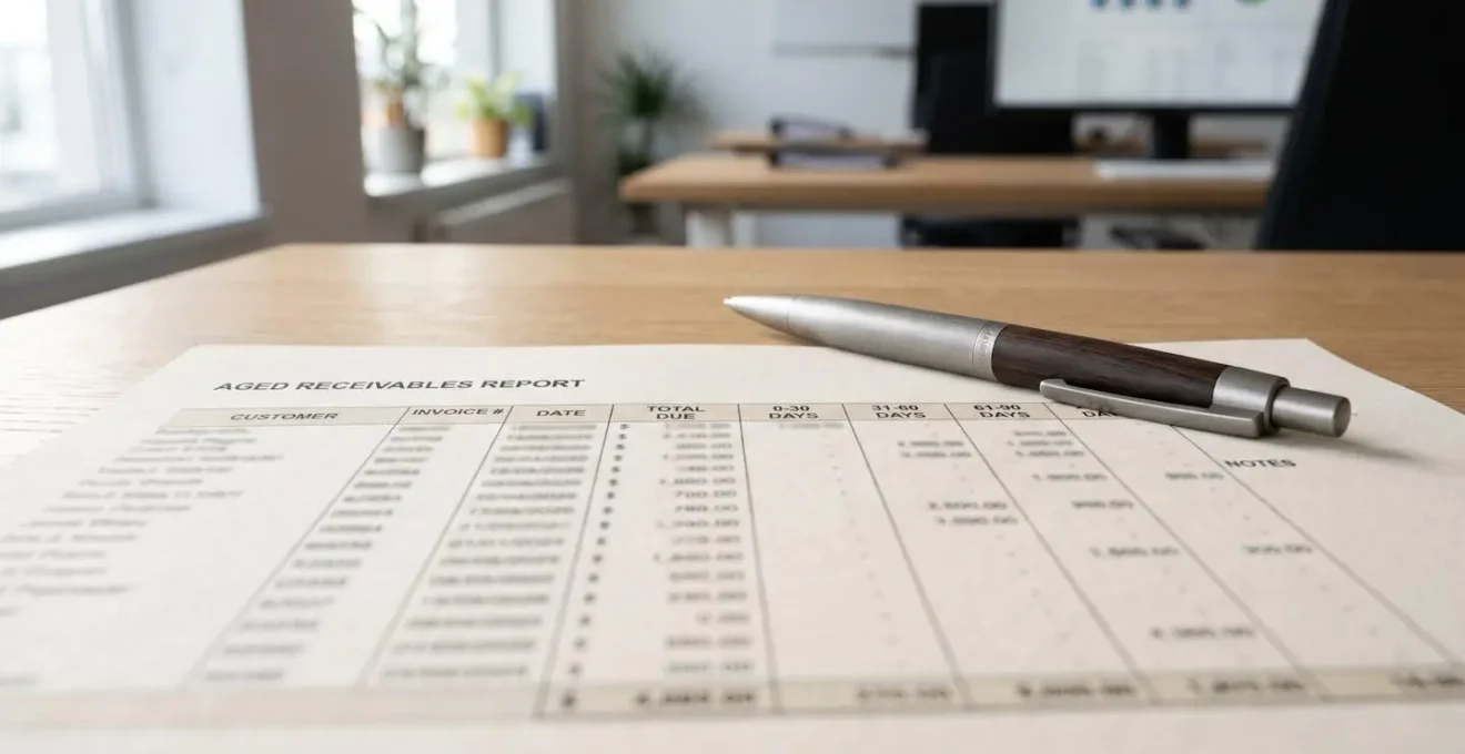 Vue rapprochée d'un document comptable imprimé posé sur un bureau moderne avec un stylo, les chiffres apparaissent floutés