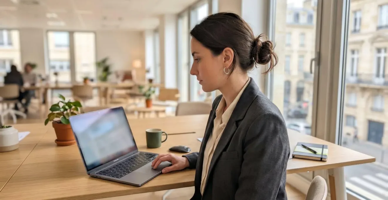 Une responsable financière consulte attentivement son écran d'ordinateur dans un bureau contemporain éclairé par la lumière naturelle