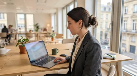 Une responsable financière consulte attentivement son écran d'ordinateur dans un bureau contemporain éclairé par la lumière naturelle