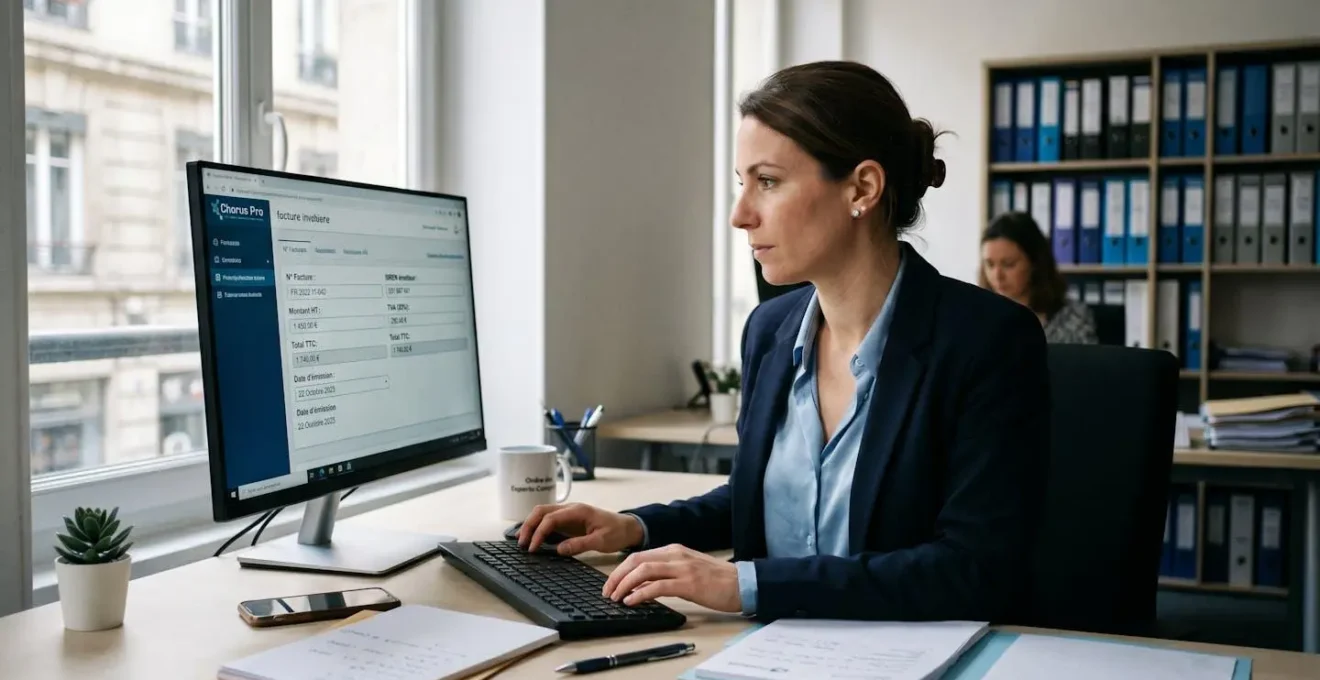 Comptable travaillant sur une plateforme de facturation électronique agréée, écran affichant une facture structurée avec champs normalisés en français (SIREN, TVA, montants) dans un bureau contemporain