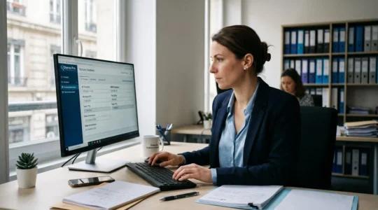 Comptable travaillant sur une plateforme de facturation électronique agréée, écran affichant une facture structurée avec champs normalisés en français (SIREN, TVA, montants) dans un bureau contemporain
