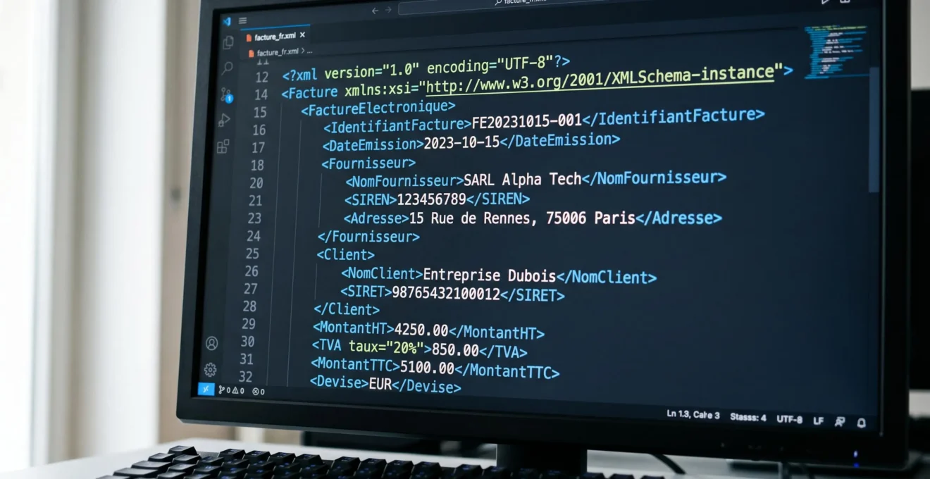 Gros plan sur écran affichant code XML structuré d'une facture électronique française avec balises normalisées (SIREN, MontantHT, TVA, DateEmission) et données entre balises