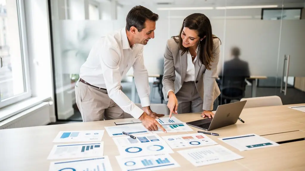 Deux professionnels de la finance collaborant debout autour d'une table pour analyser des rapports de performance de paiement