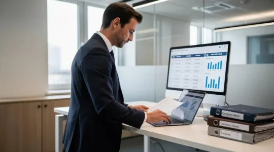 Credit manager debout analysant des données de paiement clients sur des tableaux de bord financiers dans un service comptable moderne