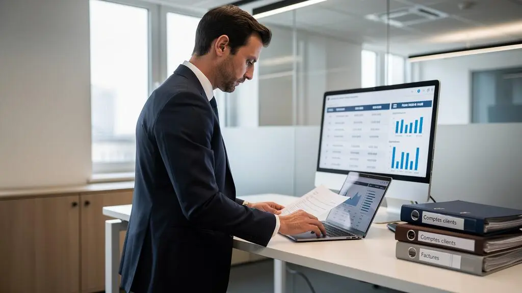 Credit manager debout analysant des données de paiement clients sur des tableaux de bord financiers dans un service comptable moderne